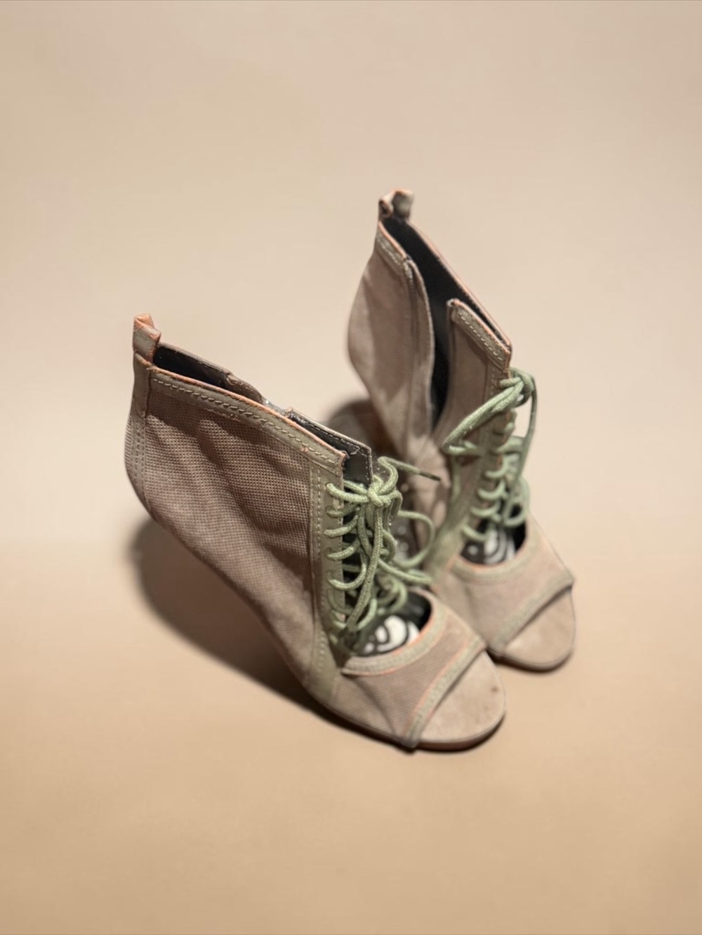 Nine West Olive Green taupe Lace-Up Peep-Toe Wedge Booties